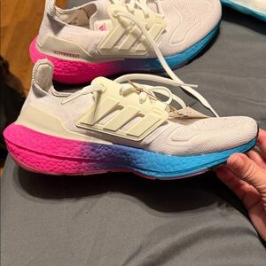 Adidas Women's White Sneakers with Pink and Blue Accents